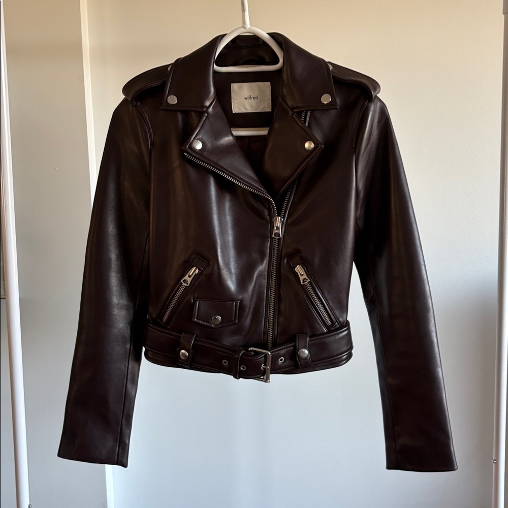 Wilfred dark plum colour vegan Leather Biker Jacket